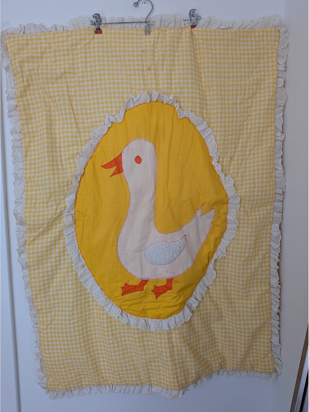 Vintage handmade yellow gingham baby quilt blanket ** noticeable wear/markings**